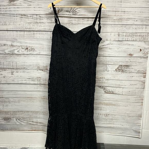 Monique Lhuillier Velvet Ruffle Hem Midi Dress Black Size 12 - Picture 2 of 8